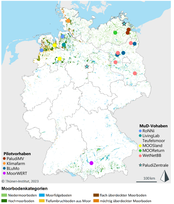Verteilung der Projektstandorte auf einer Deutschlandkarte. Die meisten Projekte sind in den Moorgebieten Norddeutschlands zu finden.