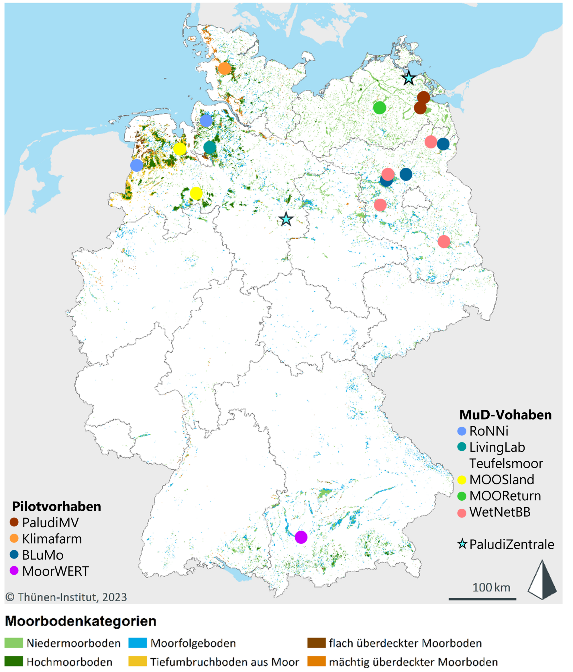 Verteilung der Projektstandorte auf einer Deutschlandkarte. Die meisten Projekte sind in den Moorgebieten Norddeutschlands zu finden.